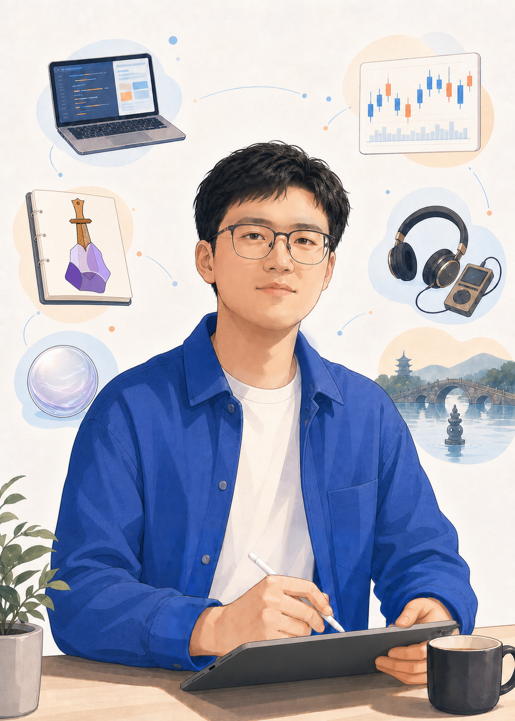 蓝色外套的卢晨昊坐在桌前用平板创作，周围环绕电脑、行情图、笔记、耳机播放器与杭州西湖图景的插画